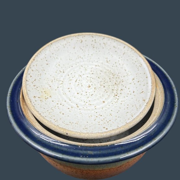 Handcrafted Lidded Stoneware Blue Orange Pottery Casserole Dish By Crystal - Picture 7 of 11